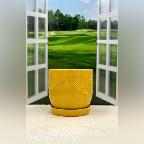 Sunglow Yellow Ceramic Planter Pot with Saucer Attached - Picture 1 of 9